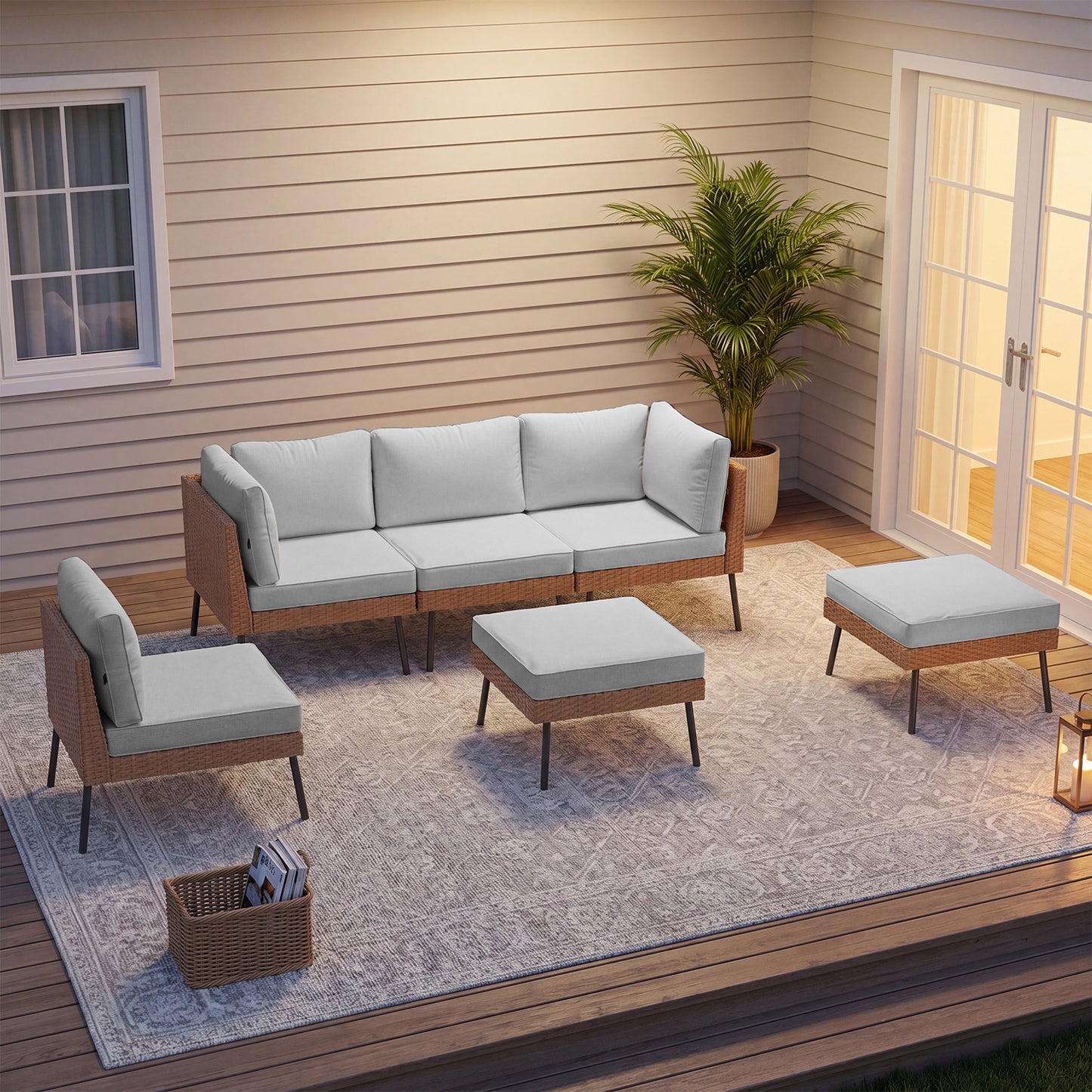 Clouddwell 6-Piece Patio Furniture Set, Wicker Outdoor Furniture with Water Resistant Thick Cushions, Patio Conversation Set Outdoor Sectional Sofa with Coffee Table for Backyard Poolside, Light Gray