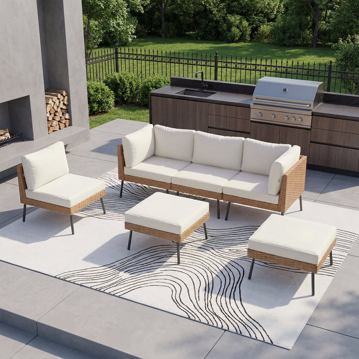 LazySunsets 6-Piece Beige All Weather Wicker Patio Sectional Conversation Set with Ottoman, Thick Water Resistant Cushions for Backyard Poolside Porch Garden