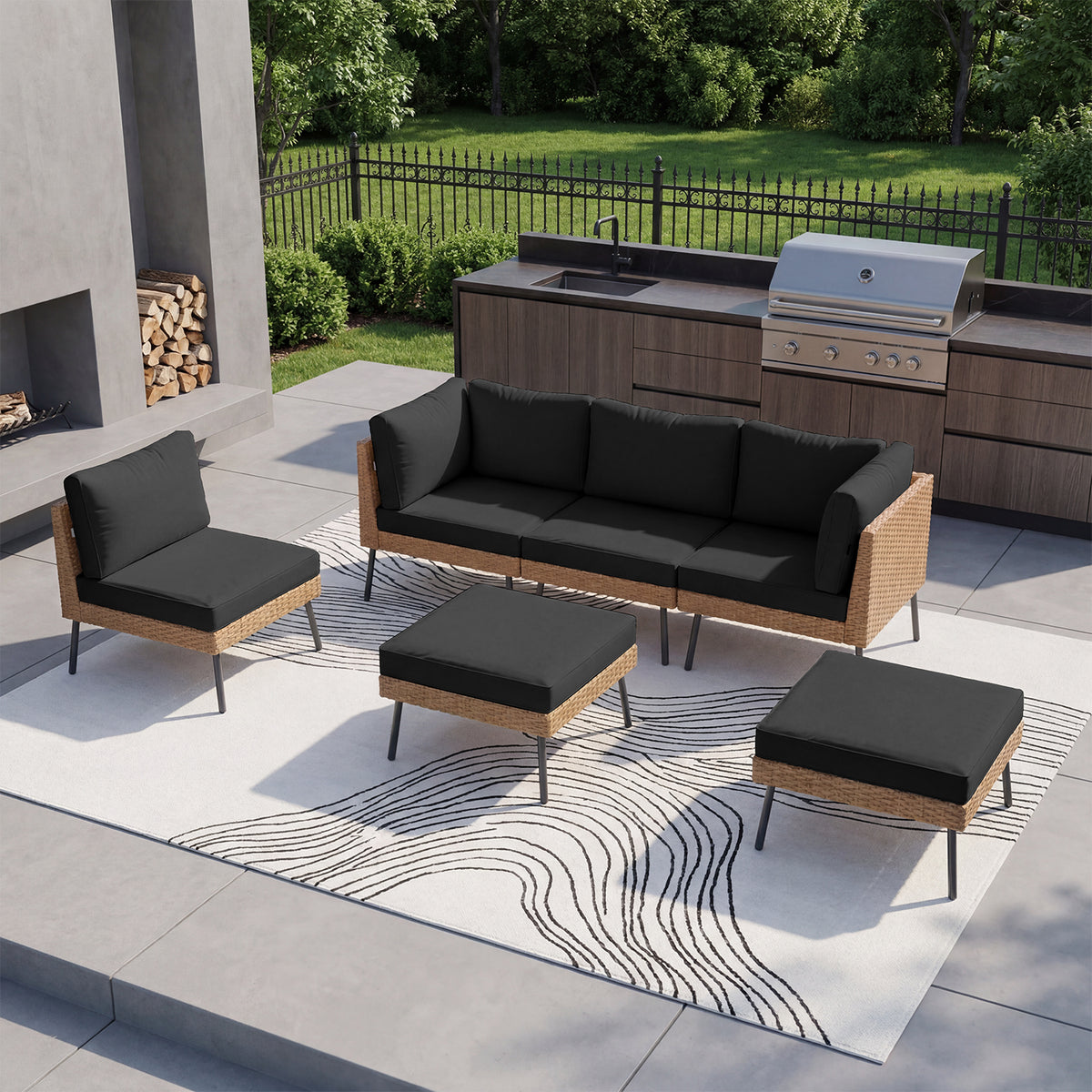 LazySunsets 6-Piece Black All Weather Wicker Patio Sectional Conversation Set with Ottoman, Thick Water Resistant Cushions for Backyard Poolside Porch Garden