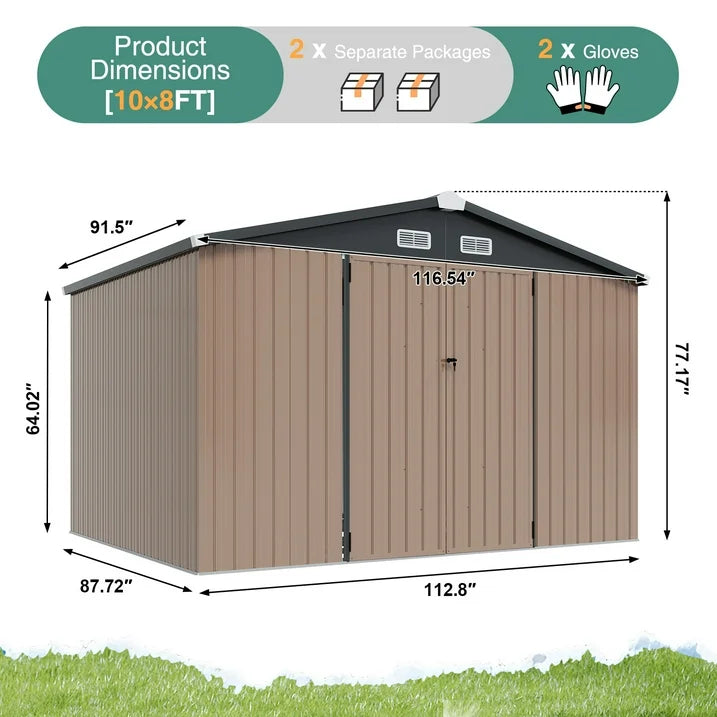 Sunmthink 7.6 x 9.7 FT Outdoor Storage Shed with Base Frame, Metal Shed with Lockable Door, Tool Shed for Garden, Backyard, Patio, Lawn(Floor included)