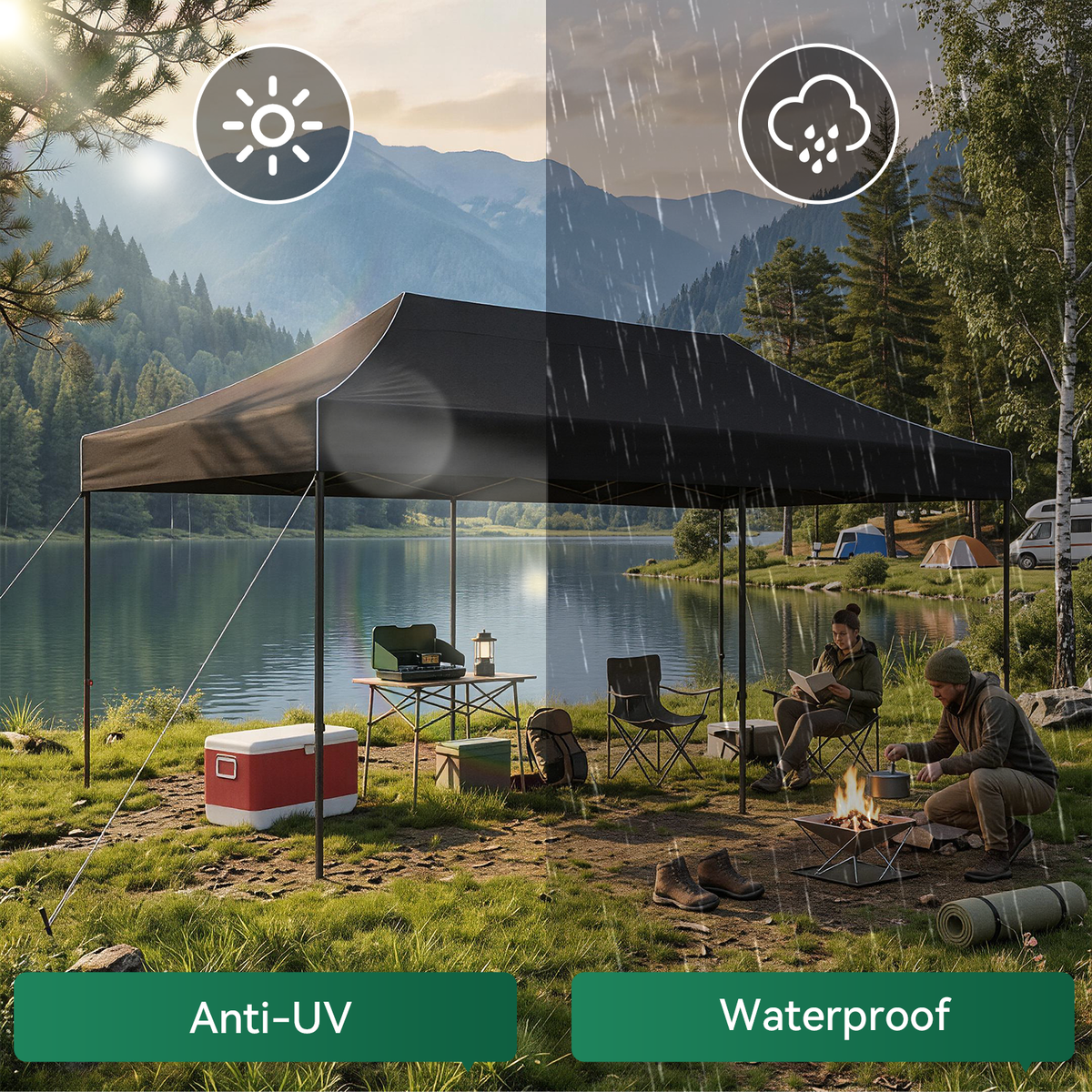 Dateyes 10x20FT Pop Up Canopy, Outdoor Canopy Tent with Carry Bag, Easy Setup Portable Instant Canopy with 4 Sandbags and 12 Stakes for Outdoor Events, Commercial, Beach, Backyard, Lawn, Black