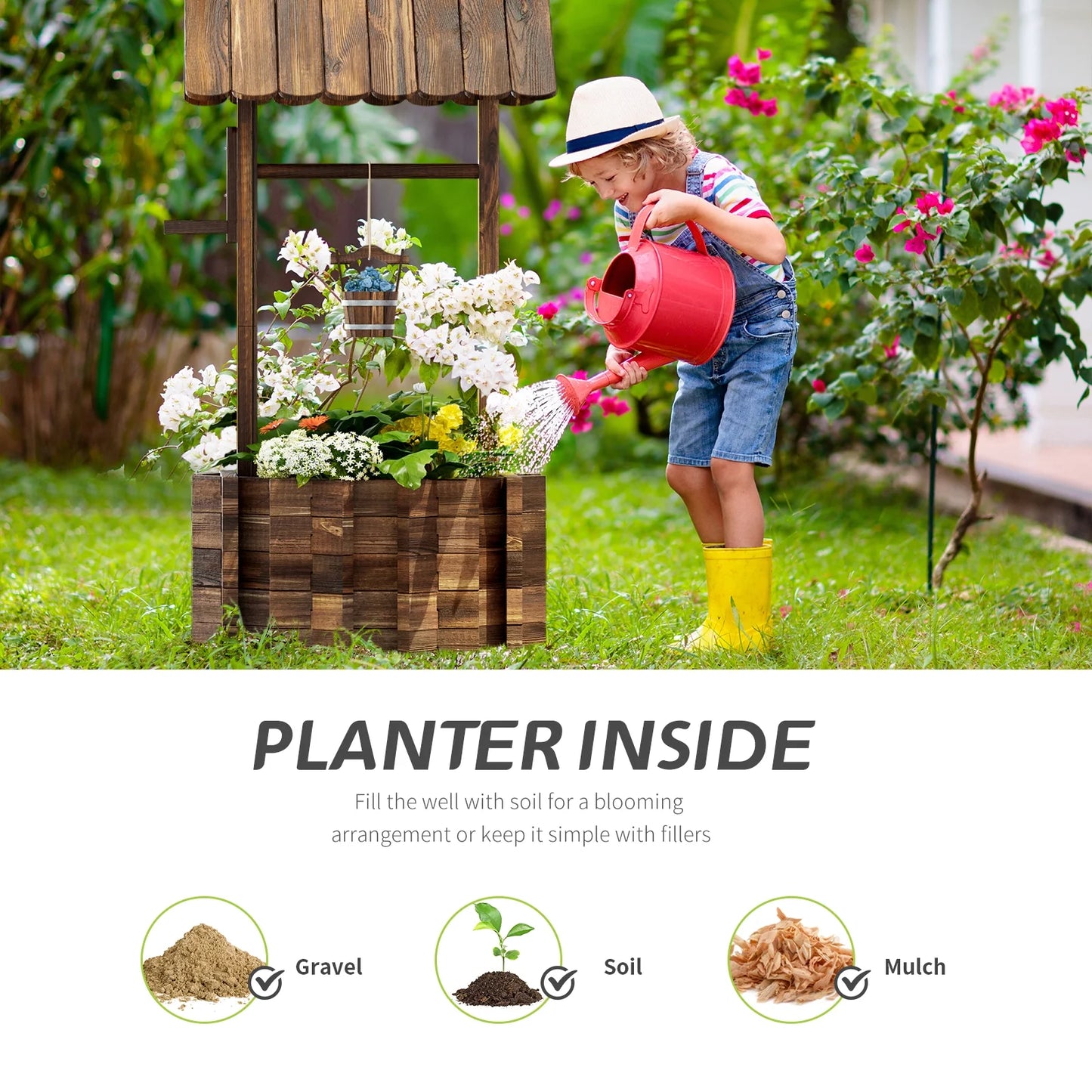 Sunmthink Big Wishing Well Planter 25.5" with Hanging Bucket for Flower and Plants, Brown, Wooden