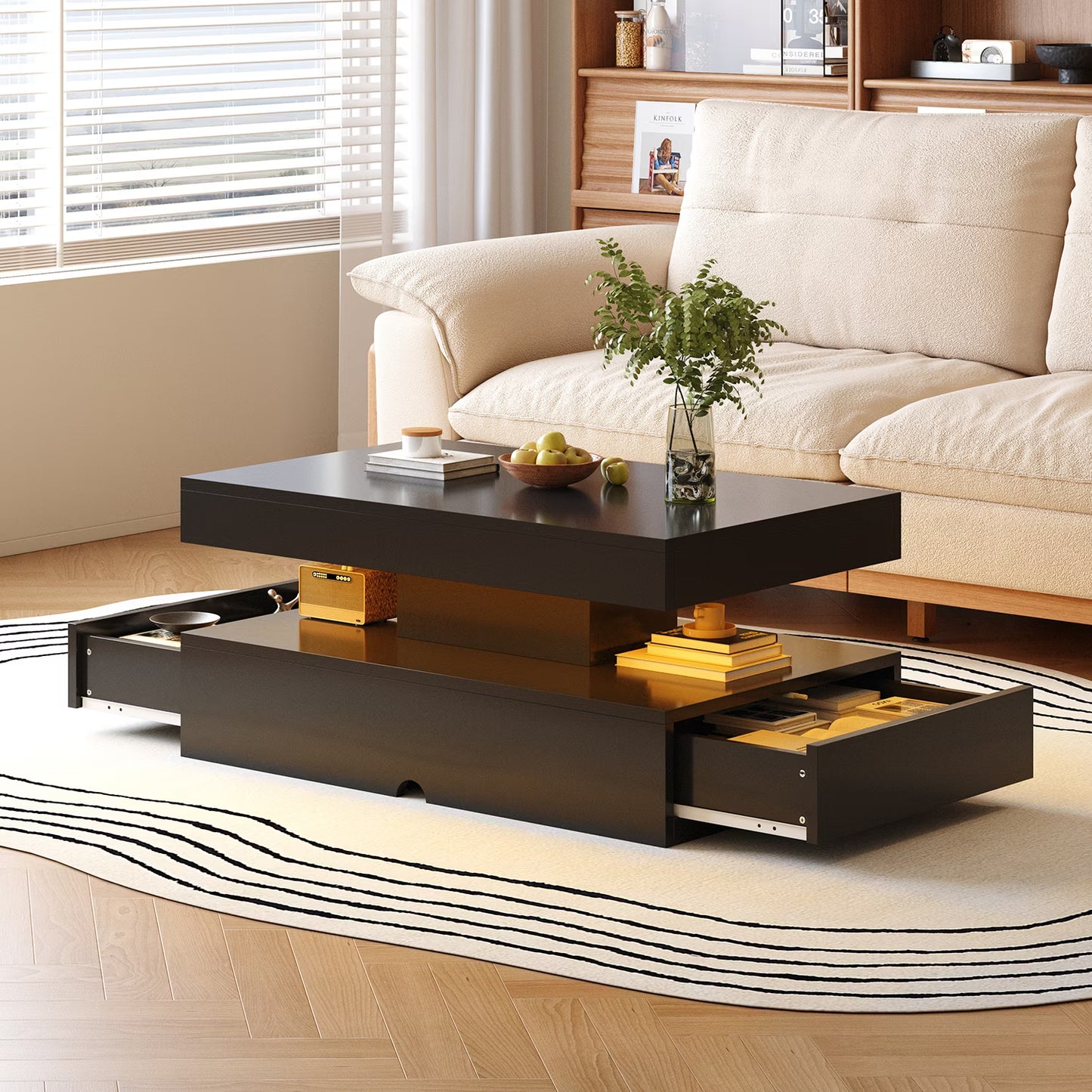 Sonegra 39" High-Glossy LED Coffee Table, Storage Coffee Table with 2 Sliding Drawers for Living Room, Modern Stylish Double-Layer Center Tables with LED Lights, Black