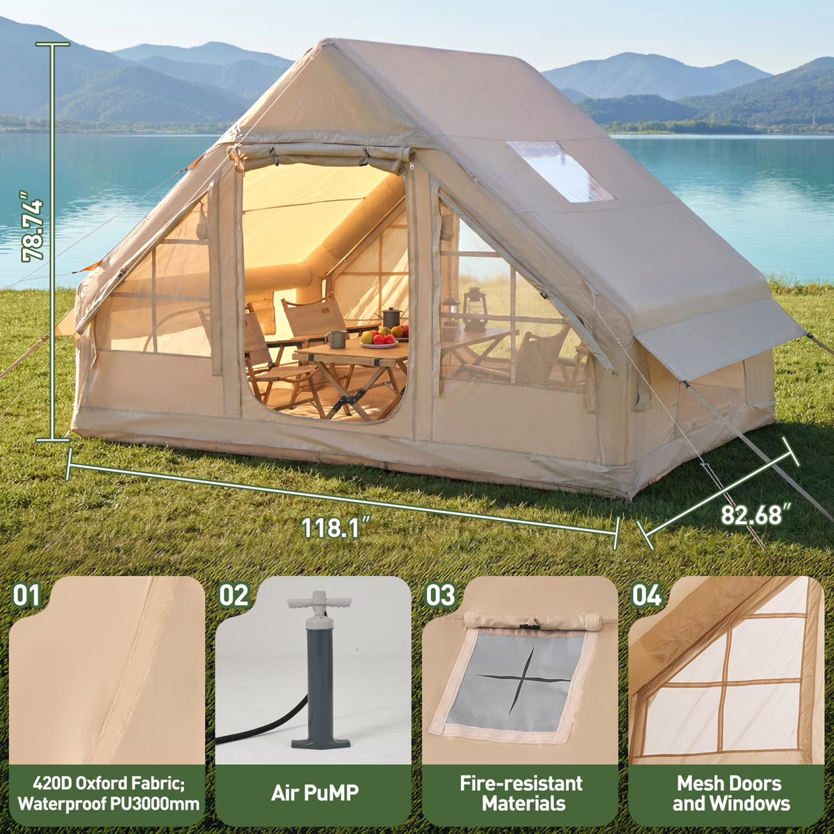 Dateyes Inflatable Camping Tent for 4-6 Person, Quick Setup Family Tent, Waterproof Windproof Outdoor Shelter with UV Protection, Lightweight Portable Shelter for Camping, Beach and Festivals