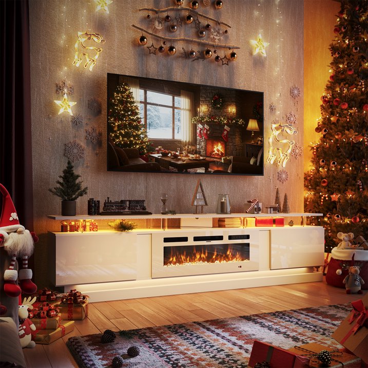 Sonegra Modern Fireplace TV Stand for TVs Up to 90" with Music Sync LED, 80" Entertainment Center with Electric Fireplace, TV Console with Storage Cabinets for Living Room, White