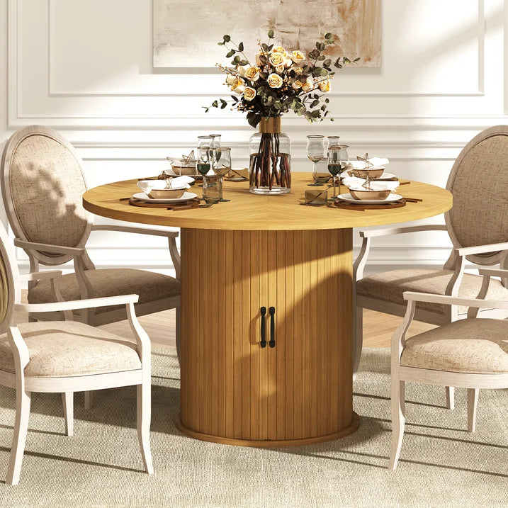 Sonegra 47“ Round Dining Table with Storage, Modern Fluted Circle Kitchen Table with 2-Layer Storage and Sliding Door, for Kitchen Living Room, Natural