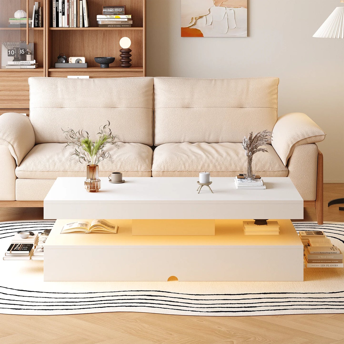 Sonegra 47" High-Glossy LED Coffee Table, Storage Coffee Table with 2 Sliding Drawers for Living Room, Modern Stylish Double-Layer Center Tables with LED Lights, White
