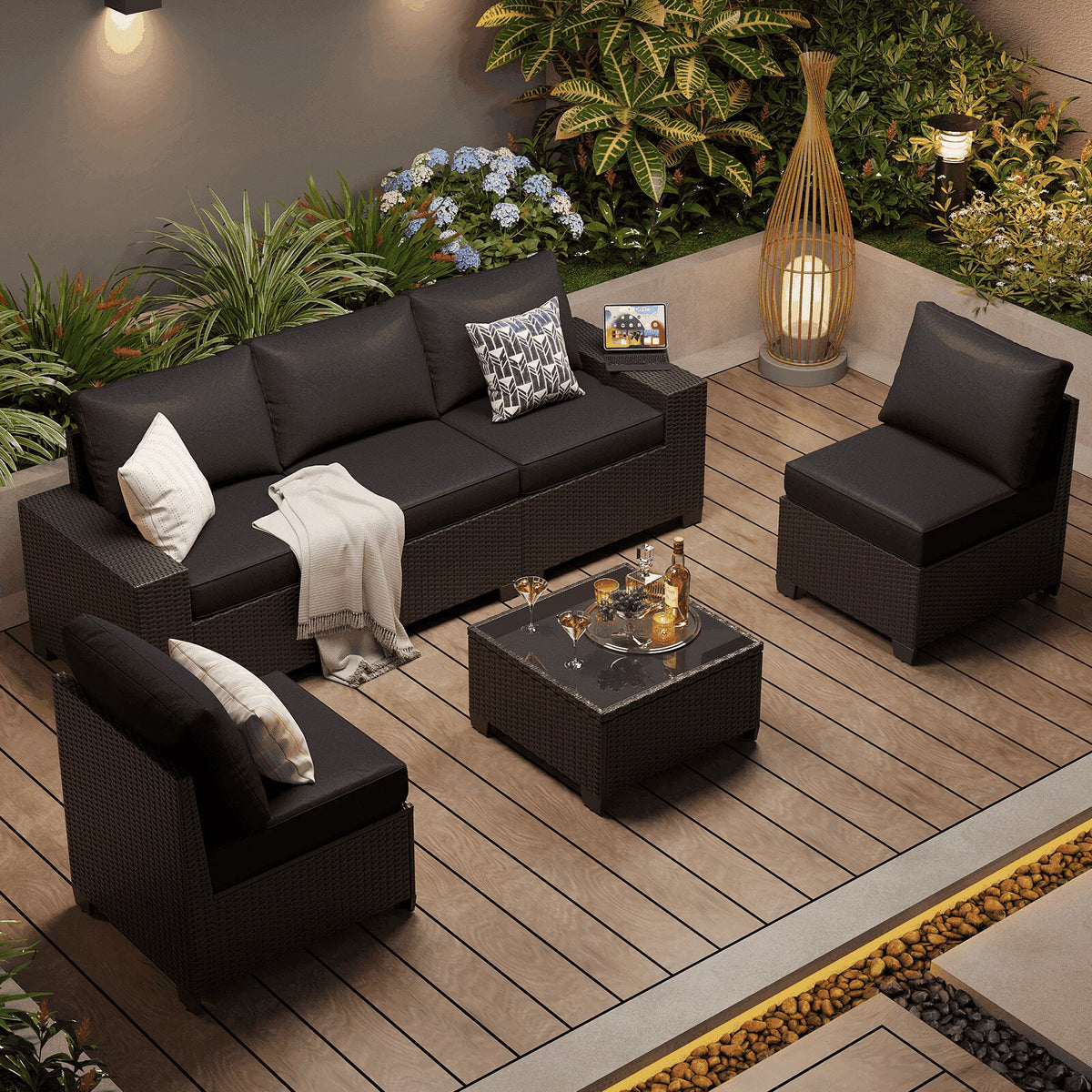 LazySunsets 6 Pieces Outdoor Wicker Patio Furniture Set, Black Cushion Rattan Sectional Conversation Sofa with Coffee Table, All Weather Backyard Garden Patio Set