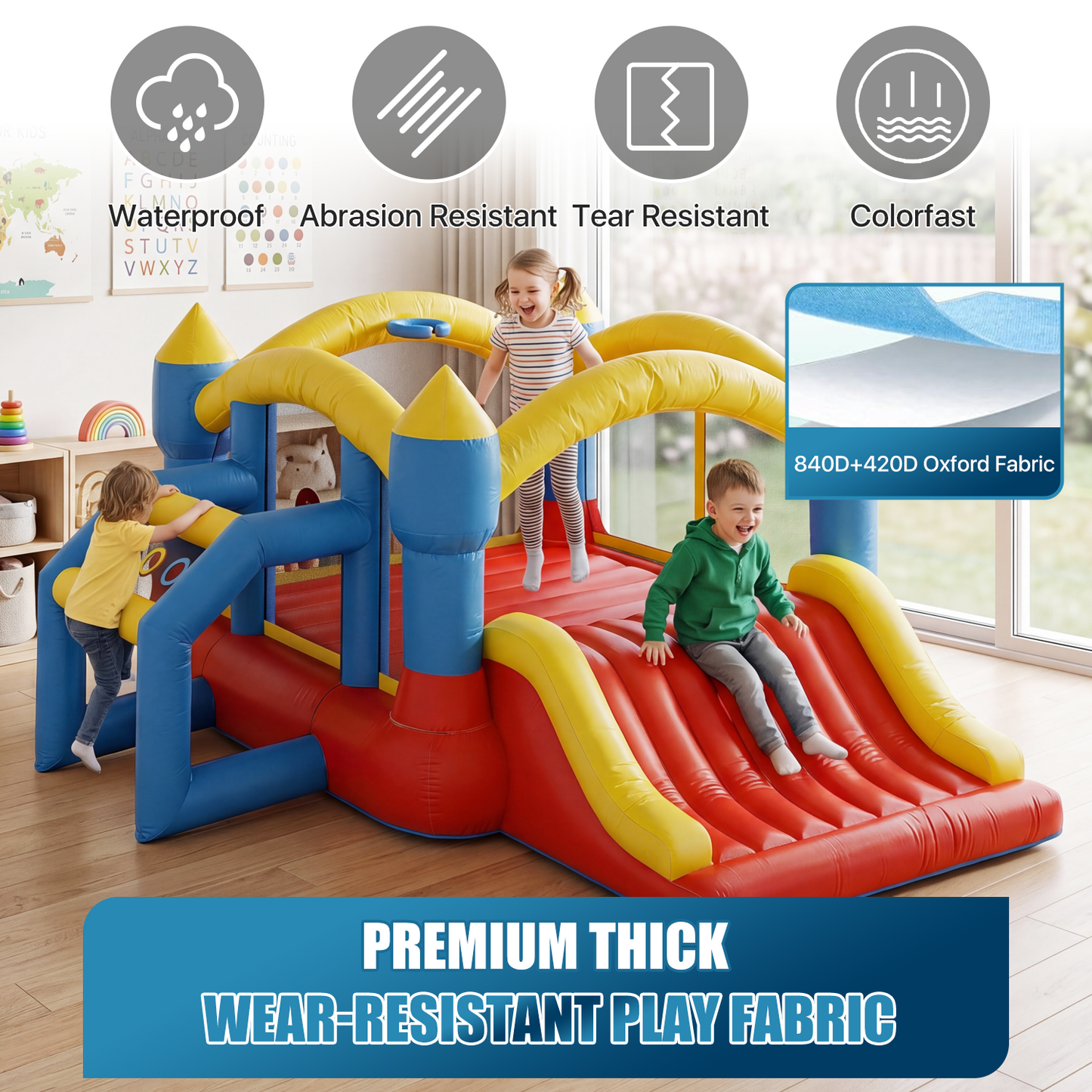 Dateyes 11x12 FT Inflatable Bounce House, Bouncy Castle Jumper with Slide, Basketball Hoop, Jumping Area for Outdoor Summer Fun, Indoor/Outdoor
