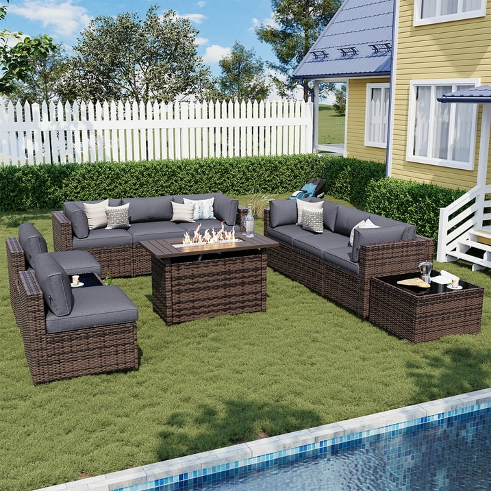Sunmthink Patio Furniture Sets, 11-Piece Outdoor Patio Furniture with 44'' Propane Gas Firepit Table, Wicker Outdoor Conversation Set and Waterproof Cover for Backyard, Poolside, Garden