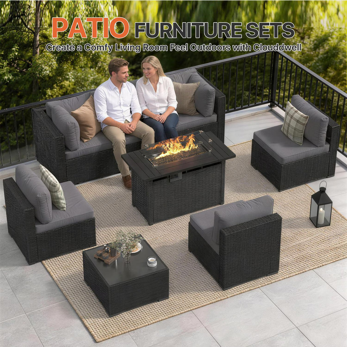 Dateyes 8-Piece Patio Furniture Set with Fire Pit, All-Weather Wicker Rattan Outdoor Sectional Sofa Set with Coffee Table (Dark Gray)