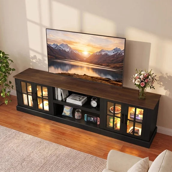 Sonegra 80" TV Stand for TVs up to 90 Inch, Farmhouse Media Console with LED Lights, Glass Cabinet Doors, Open Storage Shelves, Cable Management,Black