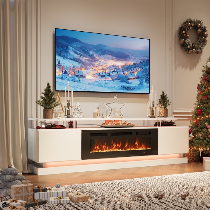 Sonegra Modern Fireplace TV Stand for TVs Up to 80" with music sync LED, 70" Entertainment Center with Electric Fireplace, TV Console with Storage Cabinets for Living Room, White