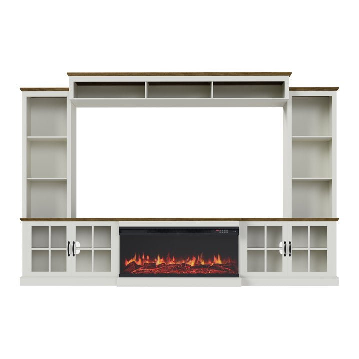 Sonegra 98" Farmhouse Entertainment Center with 36" Fireplace, TV Stand, Bookshelf, Cabinet, Fits TVs up to 75", Media Console with Power Outlets and Barn Doors for Living Room, White