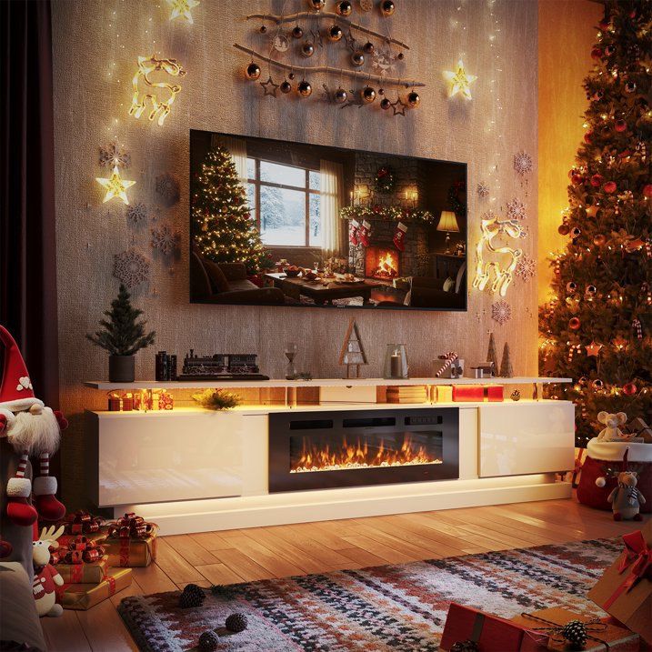 Sonegra Modern Fireplace TV Stand for TVs Up to 90" with Music Sync LED, 80" Entertainment Center with Electric Fireplace, TV Console with Storage Cabinets for Living Room, White