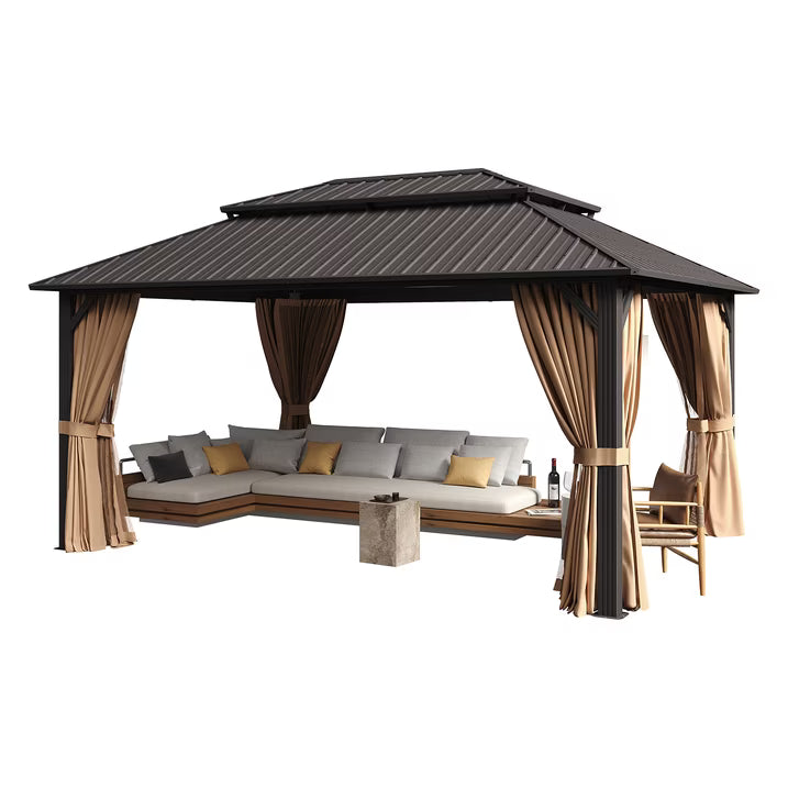Clouddwell 12' x 16' Gazebo for Patio, Gazebo Pergola with Sloped Roof, Large Wall-Mounted Heavy Duty Awnings, for Deck, Patio and Backyard,Brown