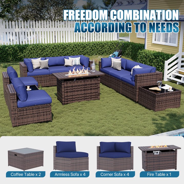 Sunmthink Patio Furniture Sets, 11-Piece Outdoor Patio Furniture with 44'' Propane Gas Firepit Table, Wicker Outdoor Conversation Set and Waterproof Cover for Backyard, Poolside, Garden