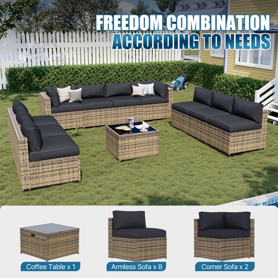 Sunmthink Patio Furniture Sets, 11-Piece Outdoor Patio Furniture with Thick Cushions, Wicker Outdoor Conversation Set and Waterproof Cover for Backyard, Poolside, Garden