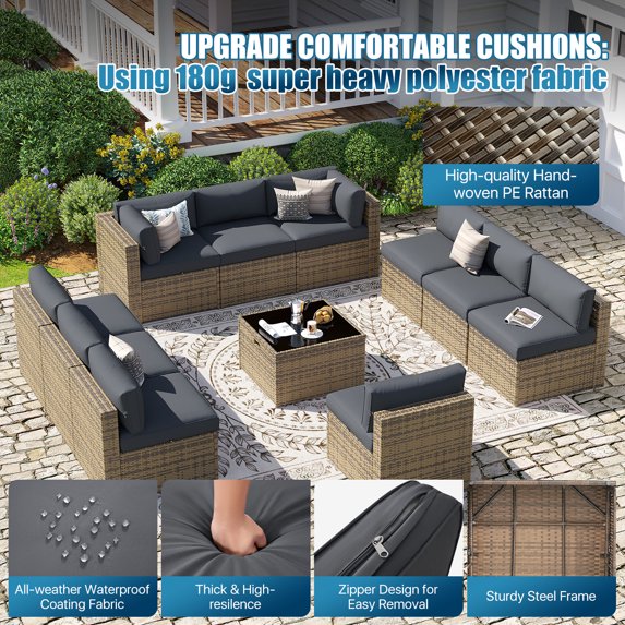 Sunmthink Patio Furniture Sets, 11-Piece Outdoor Patio Furniture with Thick Cushions, Wicker Outdoor Conversation Set and Waterproof Cover for Backyard, Poolside, Garden