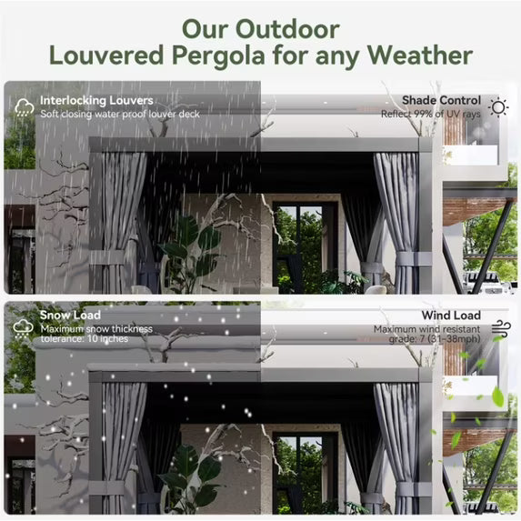 Clouddwell 10' × 10' Adjustable Louvered Pergola, Outdoor Aluminum Pergola with Curtains & Netting for Backyard, Deck & Poolside, Gray