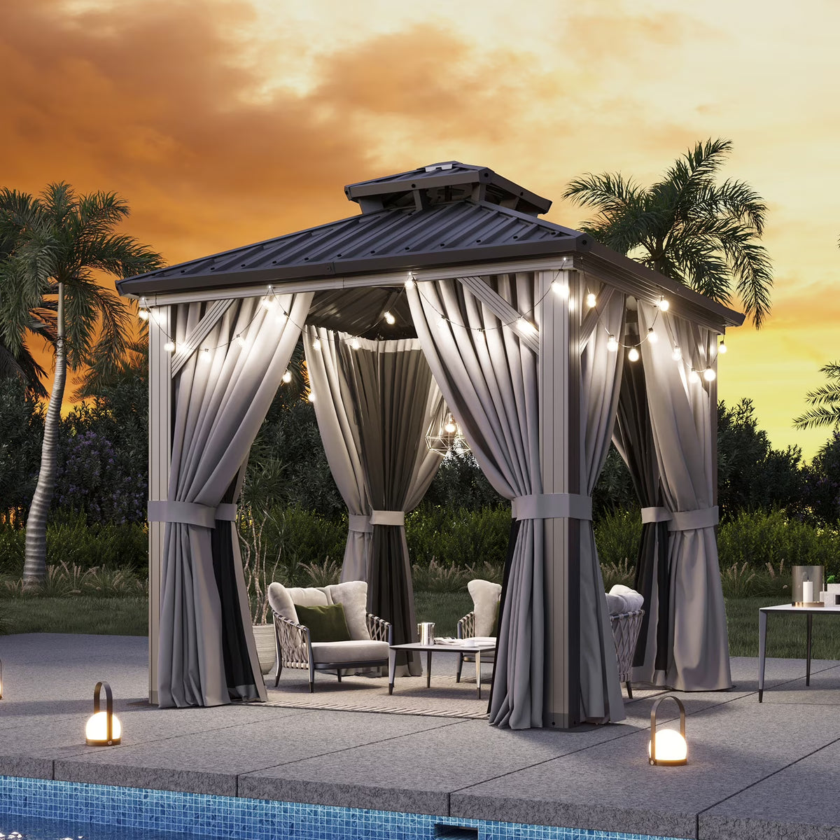 Aoxun 8'x8' Hardtop Gazebo, Aluminum Frame Gazebo with Double Galvanized Steel Roof, Outdoor Metal Pavilion with Netting and Curtains for Backyard, Gray