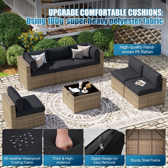 Sunmthink Patio Furniture Sets, 7-Piece Outdoor Patio Furniture with Thick Cushions, Wicker Outdoor Conversation Set and Waterproof Cover for Backyard, Poolside, Garden