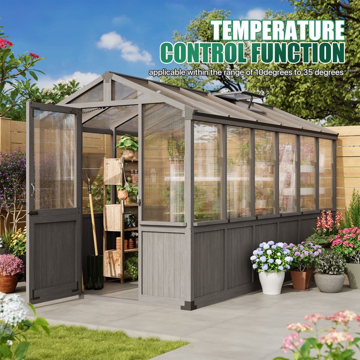 Clouddwell Large Outdoor Wooden Storage Shed, Polycarbonate Panels with Automatic Roof Vent & Lockable Door, Outdoor Walk-in Garden Greenhouse, 6x12 FT, Gray