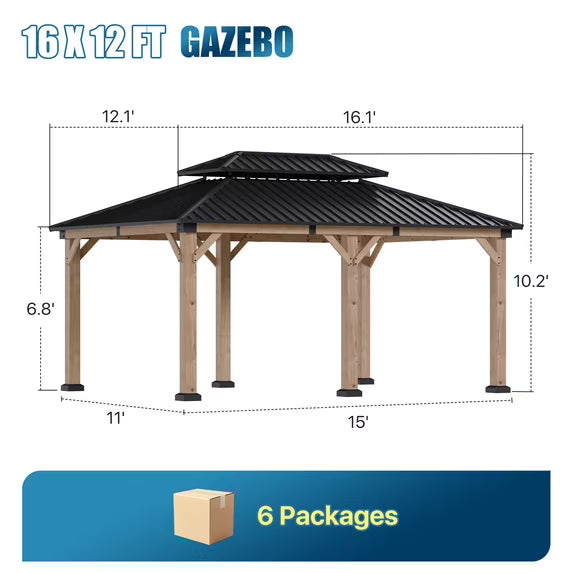 Sunmthink 12'x16' Outdoor Hardtop Gazebo, Cedar Wood Pavilion with Galvanized Steel Double Roof, for Patio, Garden, Deck