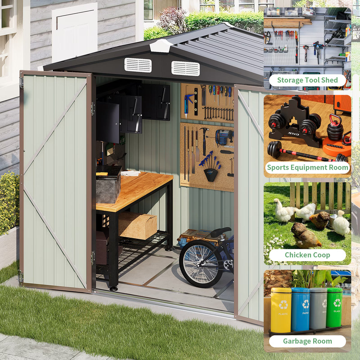 Dateyes 8’x 6’ Outdoor Storage Shed with Base Frame, Metal Garden Tool Shed with Lockable Door, Galvanized Steel Shed for Backyard, Lawn and Patio, Black