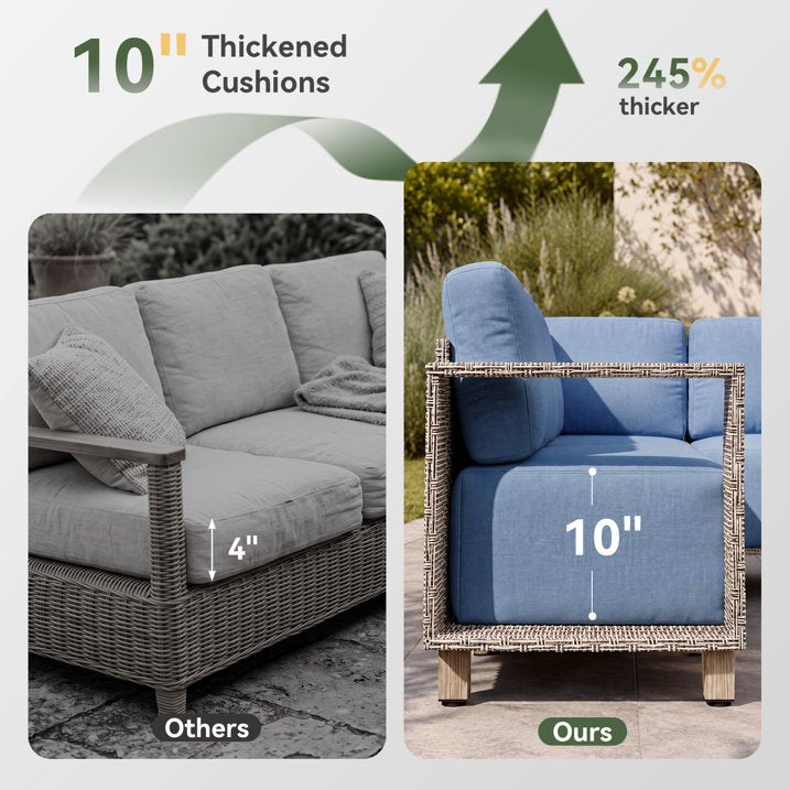 Clouddwell 8 Pieces Wicker Patio Furniture Set, Wicker Outdoor Sectional Sofa with 10 Inches Thick Cushions,Blue