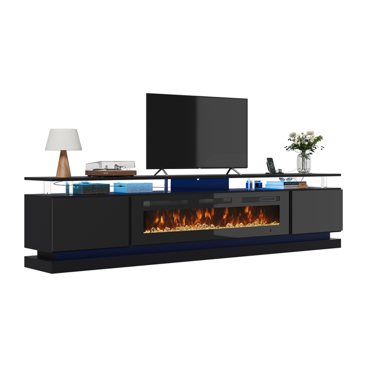 Sonegra Modern Fireplace TV Stand for TVs Up to 100" with music sync LED, 90" Fireplace Entertainment Center with Charging Station, TV Console with Storage Cabinets for Living Room, Black