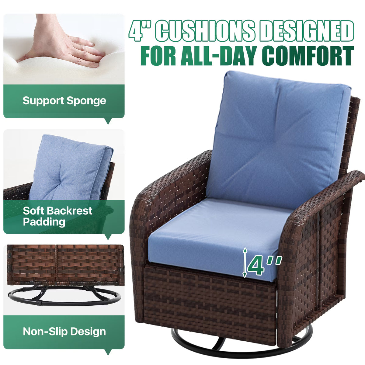 Dateyes 7-Piece Patio Furniture Set, High Back Swivel Rocker Chairs with Thick Cushions, Wicker Rattan Outdoor Sectional Sofa with Coffee Table, Blue