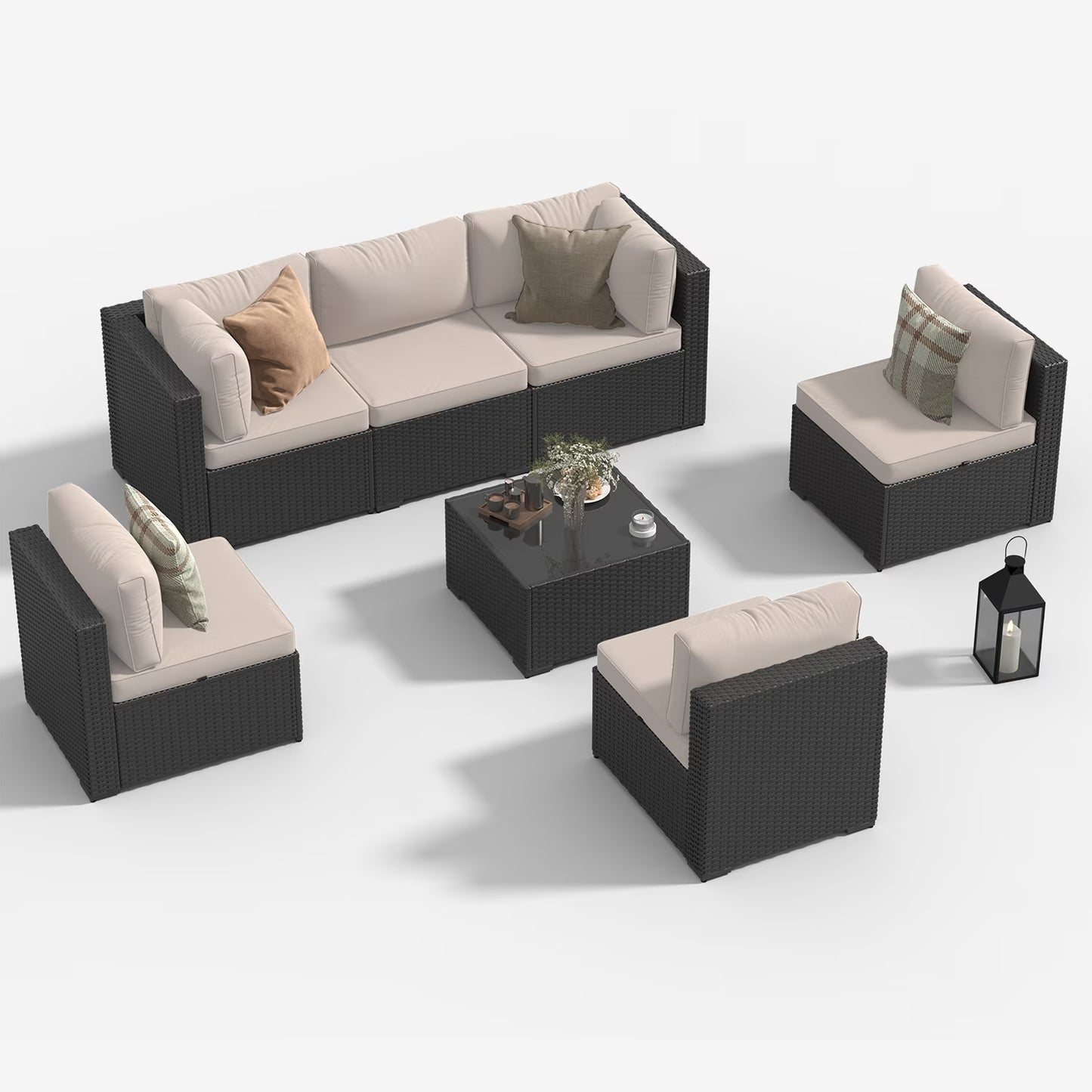 Clouddwell 7 Pieces Patio Furniture Set, All-Weather Wicker Rattan Patio Sectional Sofa Set with Coffee Table (Beige)