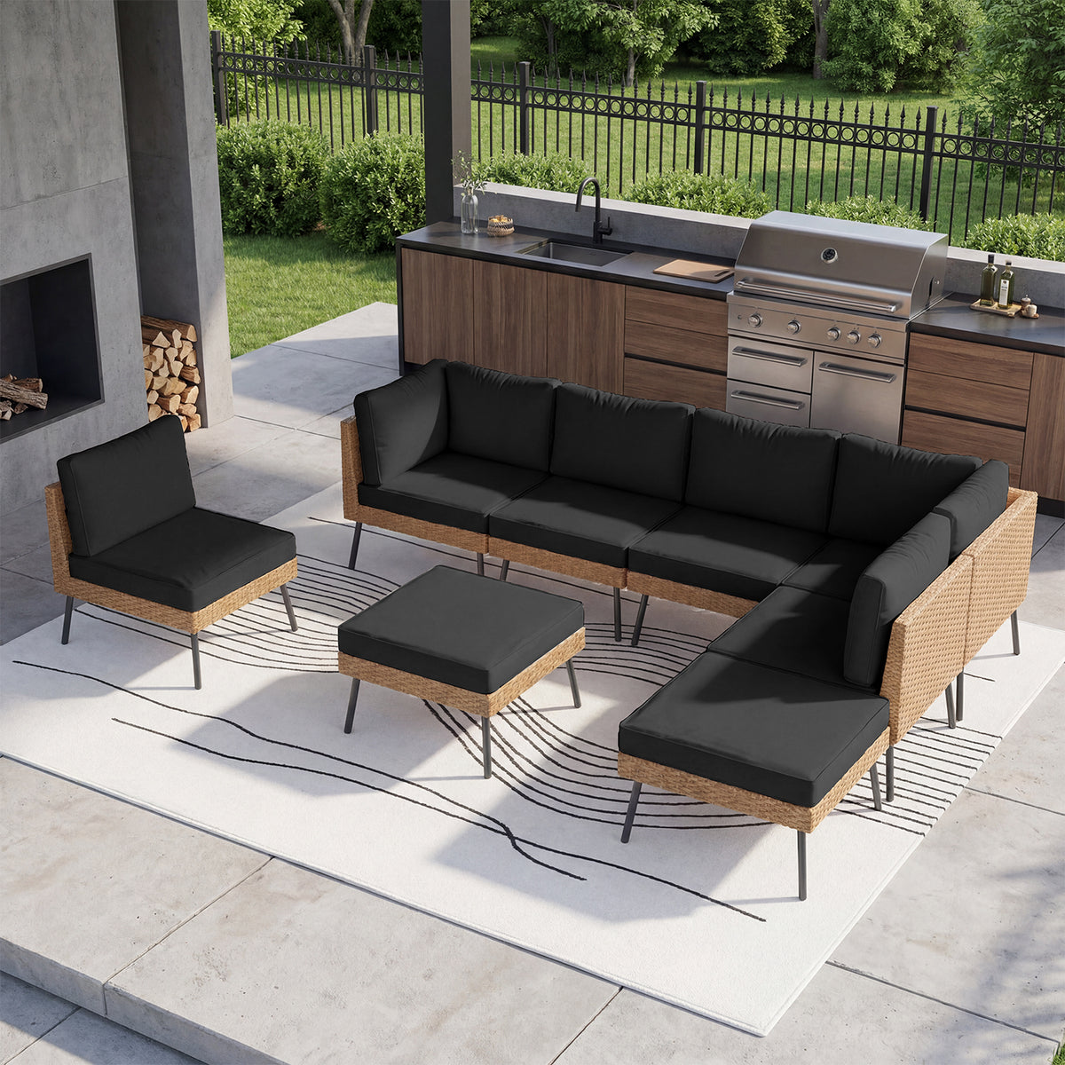 LazySunsets 8-Piece Black All Weather Wicker Patio Sectional Conversation Set, Thick Water Resistant Cushions & Tempered Glass Coffee Table for Backyard Poolside Porch Garden