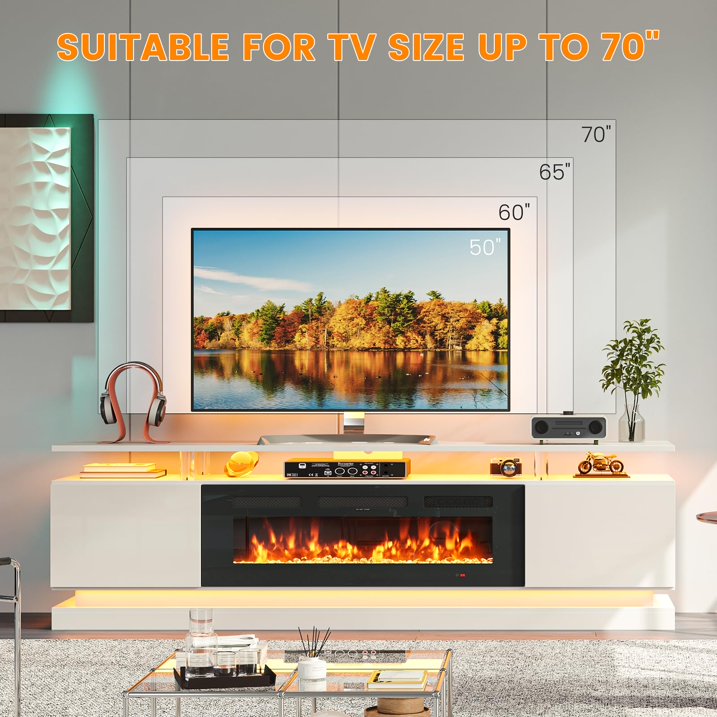Sunmthink 70" Fireplace TV Stand, Modern Entertainment Center for TVs Up to 80”, TV Console with Storage Cabinets, Media Console for Living Room, white