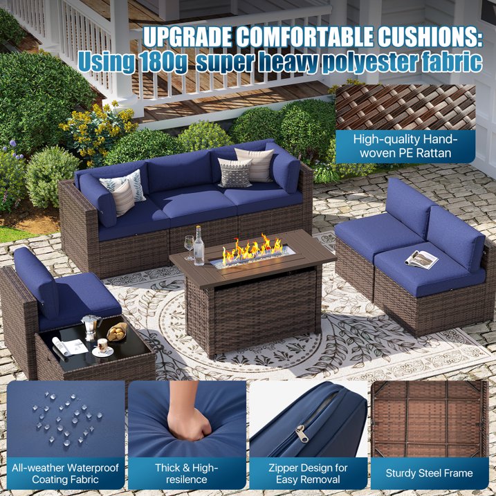 Sunmthink Patio Furniture Sets, 8-Piece Outdoor Patio Furniture with 44'' Propane Gas Firepit Table, Wicker Outdoor Conversation Set and Waterproof Cover for Backyard, Poolside, Garden