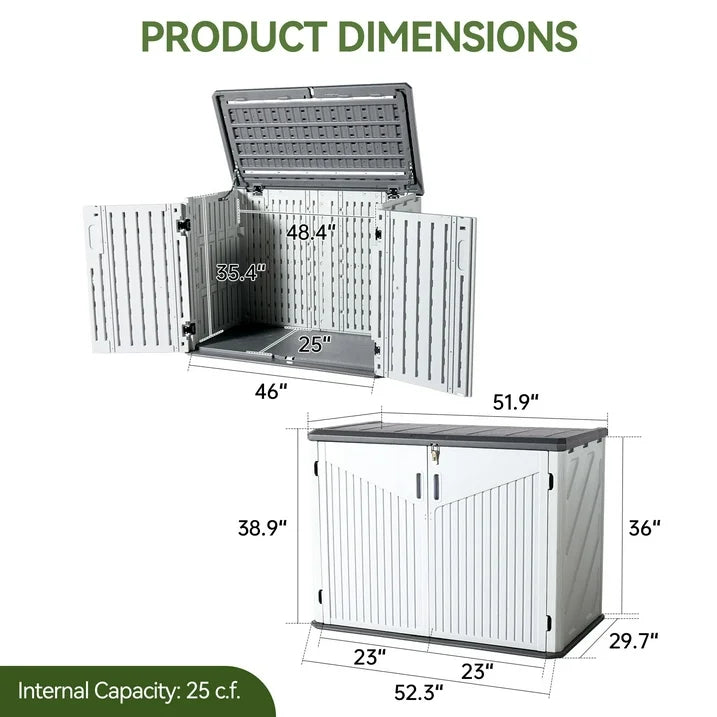 Aoxun 52inch Outdoor Storage Cabinet, Patio Waterproof Trash Can, Outdoor Horizontal Storage Shed for Garbage Bin, Generator, and Lawn Mower (White)