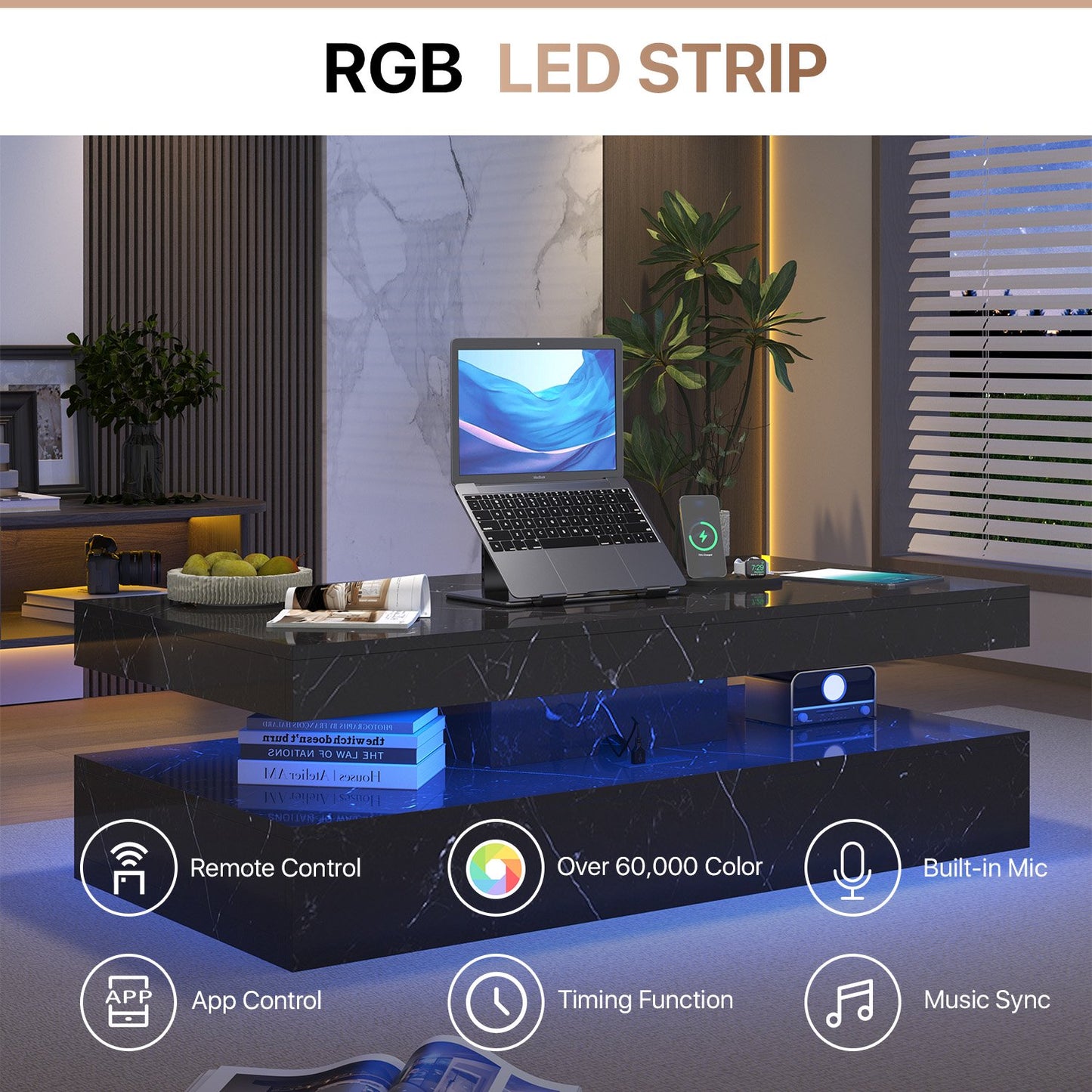 Sonegra 47" High-Glossy LED Coffee Table, Storage Coffee Table with 2 Sliding Drawers for Living Room, Modern Stylish Double-Layer Center Tables with LED Lights, Marble Black