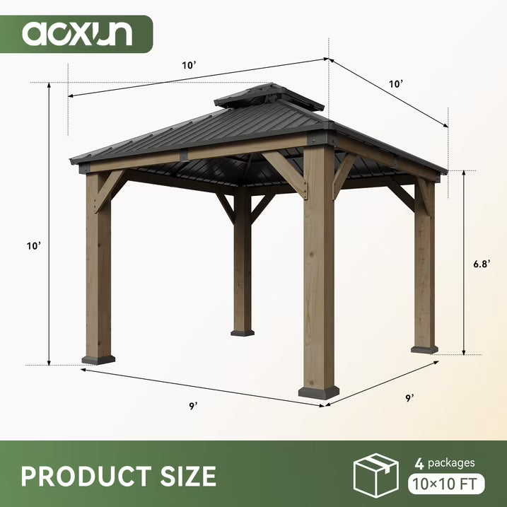 Aoxun 10' x 10' Outdoor Wood Gazebo, Hardtop Gazebo Permanent Wooden Pavilion with Galvanized Steel Double Roof, for Patio, Garden, Deck, Cedar Wood