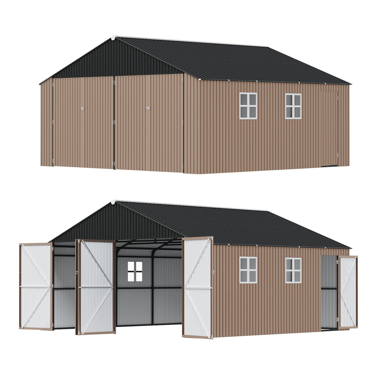 LazySunsets 20 x 20 FT Outdoor Storage Shed, Large Metal Garage Carport Shed, Heavy Duty Car Port with Double Front Doors & Side Door, Brown
