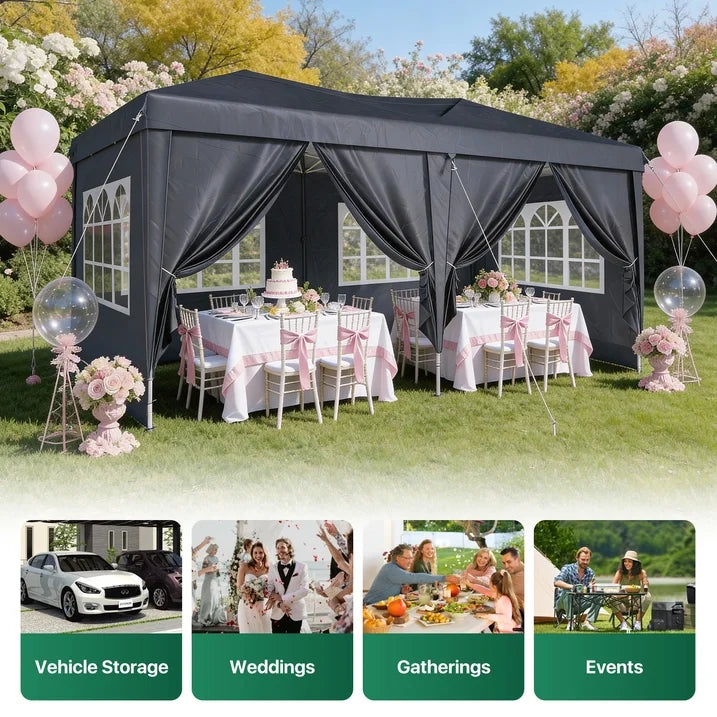 ClouDDwell 10x20ft Pop up Canopy, Party Tent with 3 Adjustable Heights, Tents for Party, Instant Shelter Canopy with 6 Removable Sidewalls For Parties, Weddings, Gray
