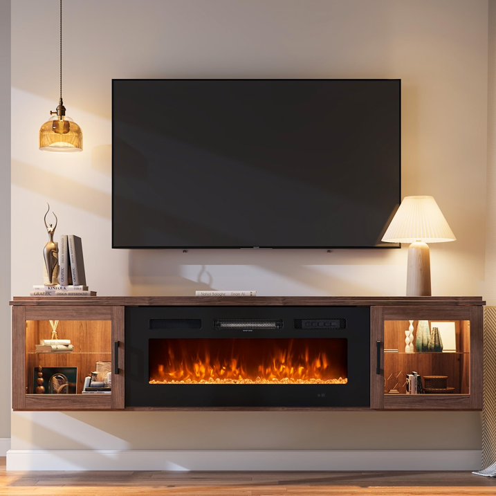 Sunmthink Floating TV Stand with 36" Electric Fireplace, High Gloss Finish Wall Mounted Fireplace Entertainment Center with Storage for TVs Up to 80", Brown