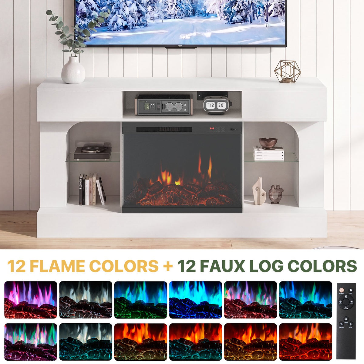 Sonegra 58 Inch Fireplace TV Stand, 3‑Sided Glass Electric Fireplace Media Console Fits Up to 65" TV, Entertainment Center with Shelves & Spacious Storage, LED Flame TV Cabinet for Living Room, White