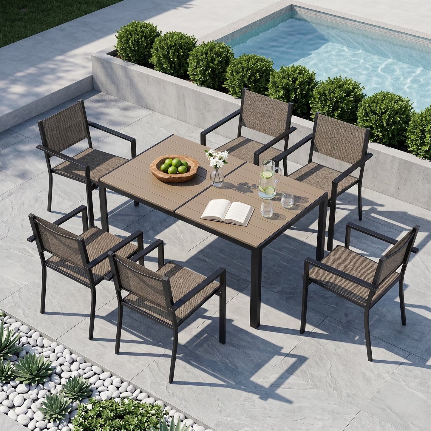 Clouddwell 7 Piece Outdoor Patio Dining Set, Expandable Metal Table & 6 Textilene Armchairs, Weather Resistant Outdoor Furniture for Backyard Garden, Warm Gray