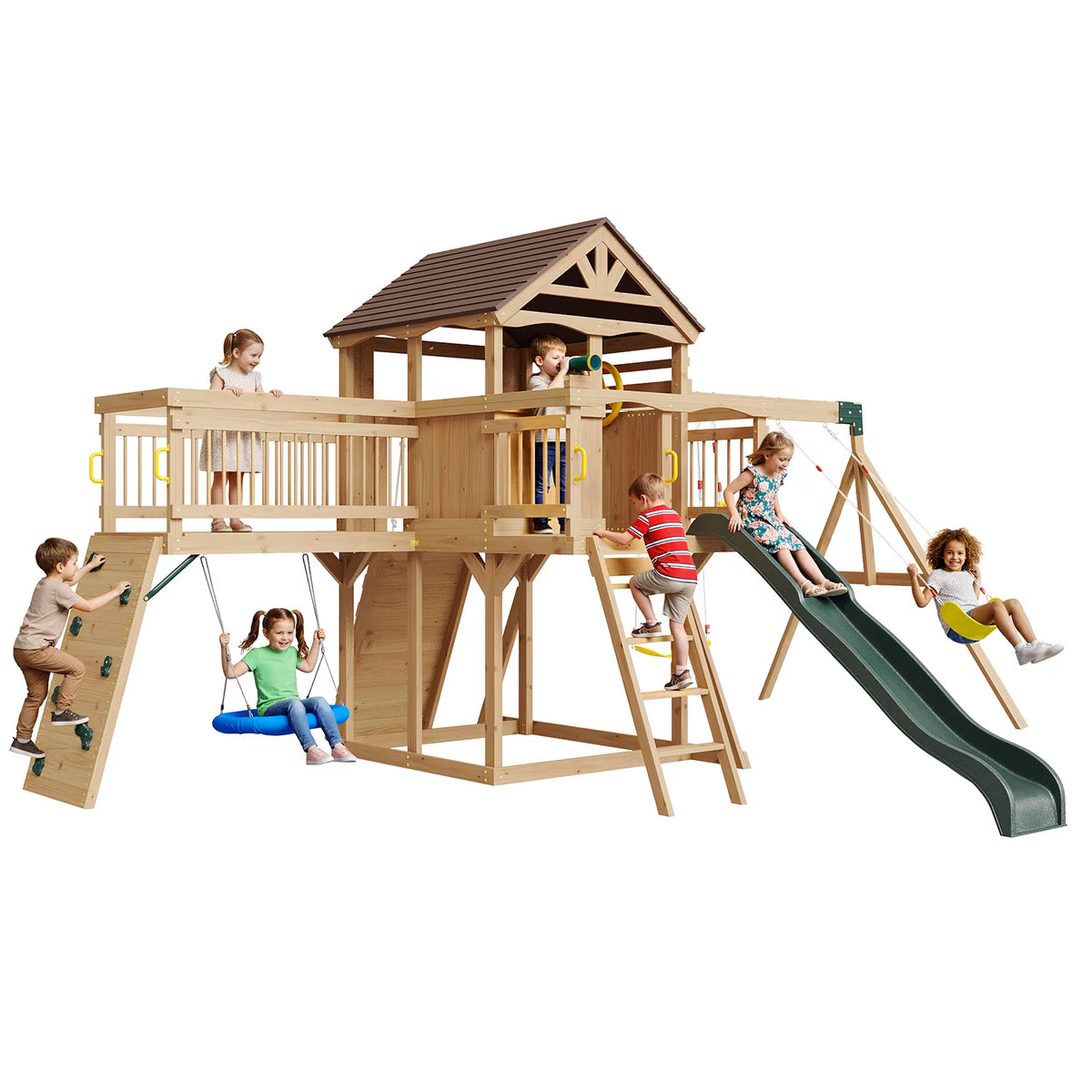 Clouddwell Wooden Swing Sets for Backyard – Outdoor Playset with Wave Slide, Raised Clubhouse, Wooden Bridge, Rock Wall, Belt Swings, Web Swing, Trapeze, Balcony, Climbing Wall & Ladder