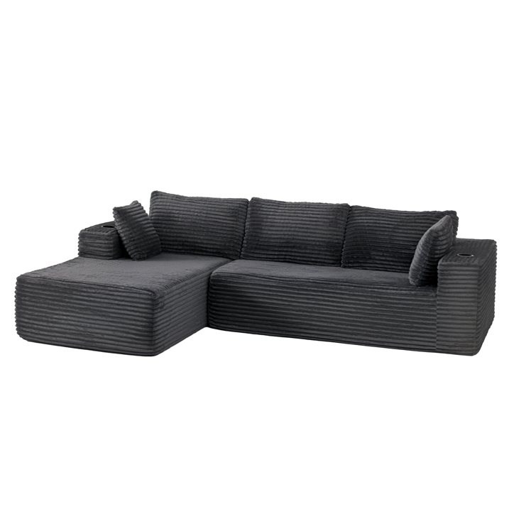 Sunmthink Cloud Couch Corduroy Modular Sectional Sofa L-Shape Boneless Couch with Wide Armrests and Cup Holders for Living Room Bedroom, No Assembly Required (Black)