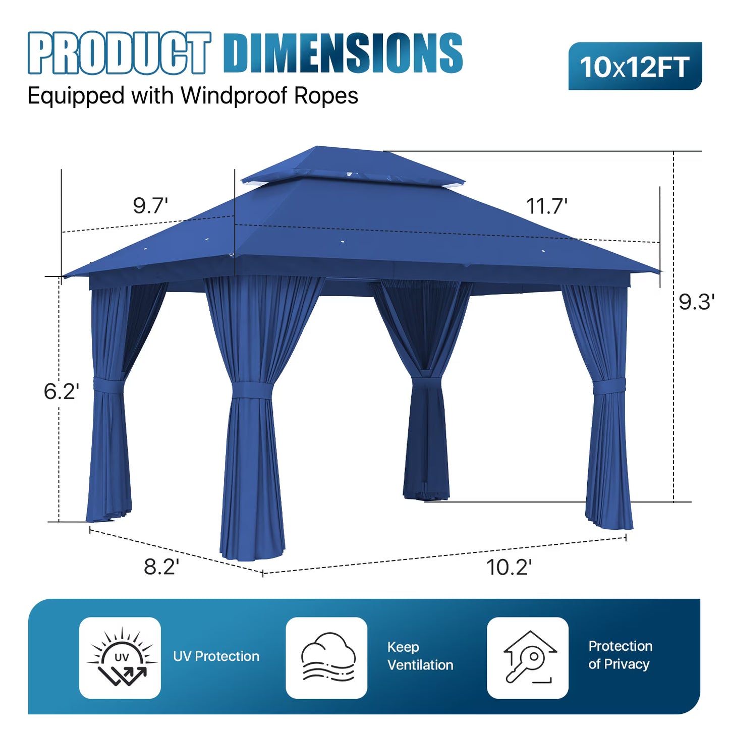 Sunmthink Outdoor Gazebo for Patio 10'x12', Metal Frame Canopy with Double Roofs, Heavy Duty Party Tent and Shelter with Mosquito Netting and Privacy Screen for Backyard,Garden,Deck (Blue)