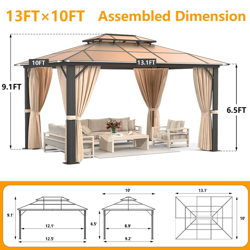 Clouddwell 10x13 ft Patio Hardtop Gazebo, Aluminum Furniture Gazebo with Netting and Curtains for Garden, Brown