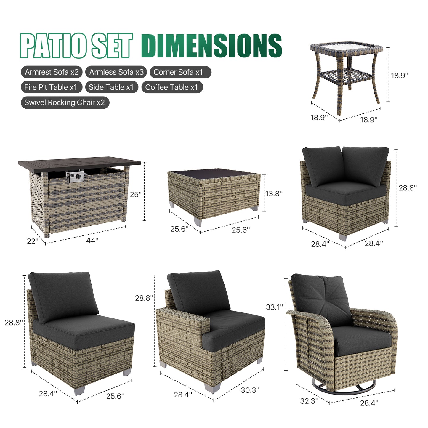 Clouddwell 7 Pieces Outdoor Patio Furniture Set, Rattan Wicker Sectional Swivel Rocker Chairs Sets with Table, Blue/Brown