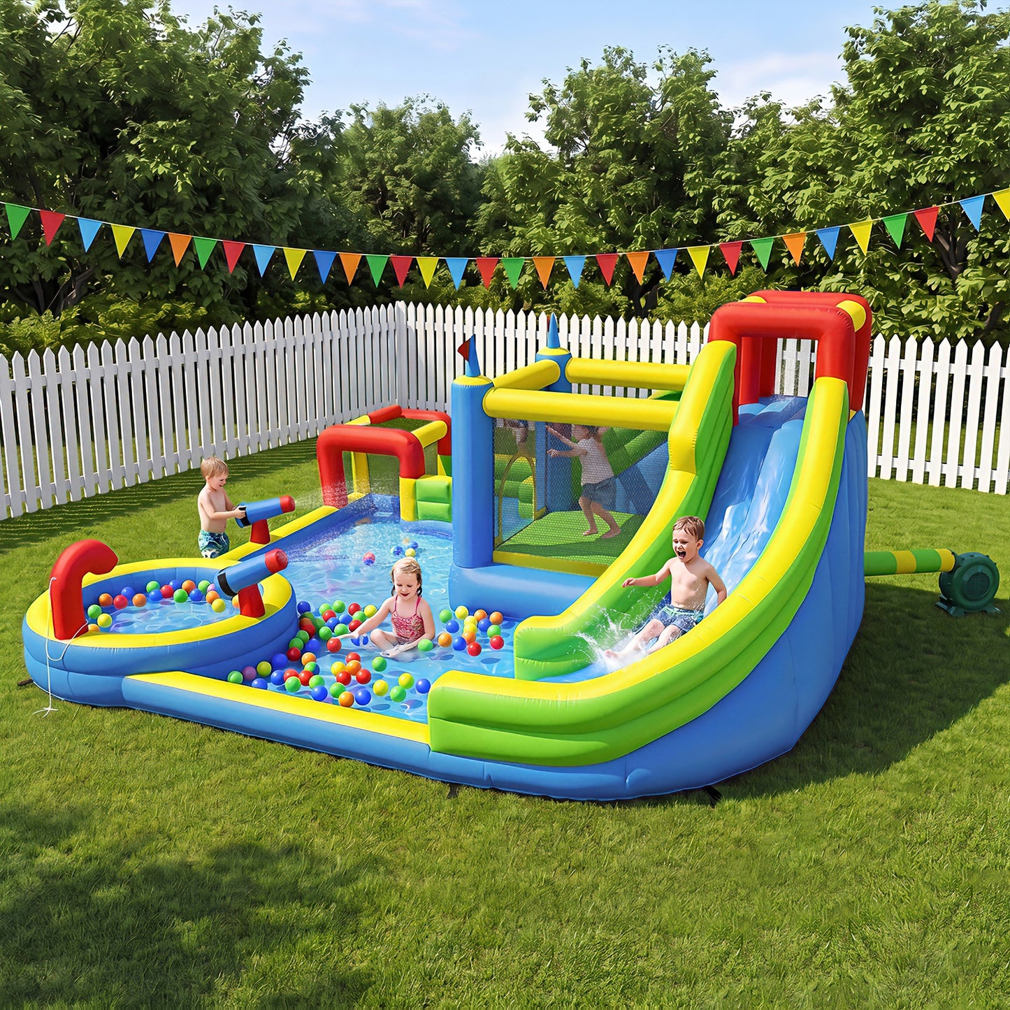 Clouddwell Inflatable Water Slide for Kids with 450W Blower, 8 in 1 Water Park Bounce House for Outdoor Summer Fun, Large Water Park, 14x17FT